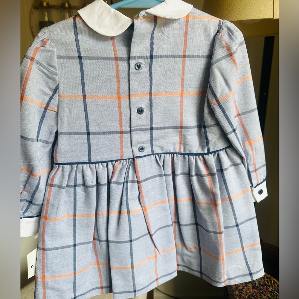 Girls Blue Plaid Peter Pan Collar Dress with Bow - Picture 3 of 5
